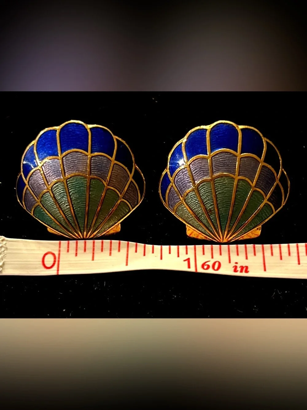 Gold-Tone Blue Green Cloisonnée Shell Enamel Pierced Earrings - Picture 3 of 3